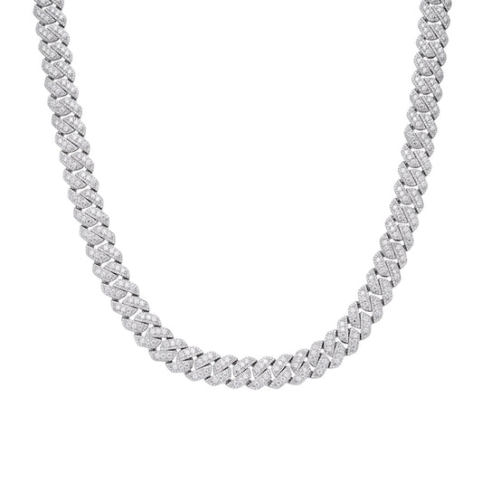 12 MM Sterling Silver Round Big Stone in Center Surrounded with Small Stones Moissanite Cuban Chain Necklace