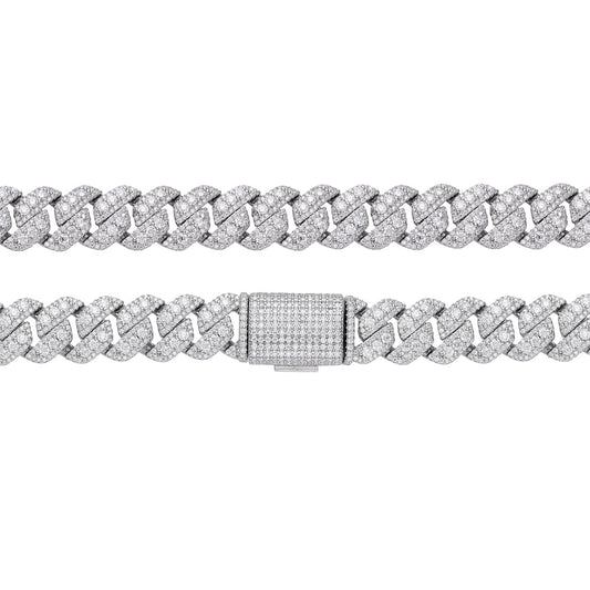 12 MM Sterling Silver Round Big Stone in Center Surrounded with Small Stones Moissanite Cuban Chain Necklace