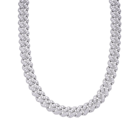 14 MM Sterling Silver Round Big Stone in Center Surrounded with Small Stones Moissanite Cuban Chain Necklace