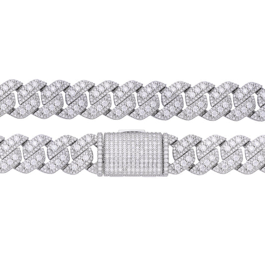 14 MM Sterling Silver Round Big Stone in Center Surrounded with Small Stones Moissanite Cuban Chain Necklace