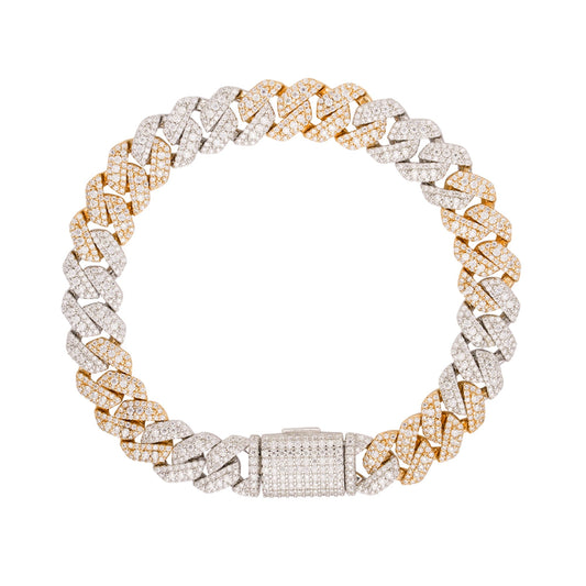 10MM Sterling Silver Round Big Stone in Center Moissanite Cuban Bracelet Two Tone Gold & Silver