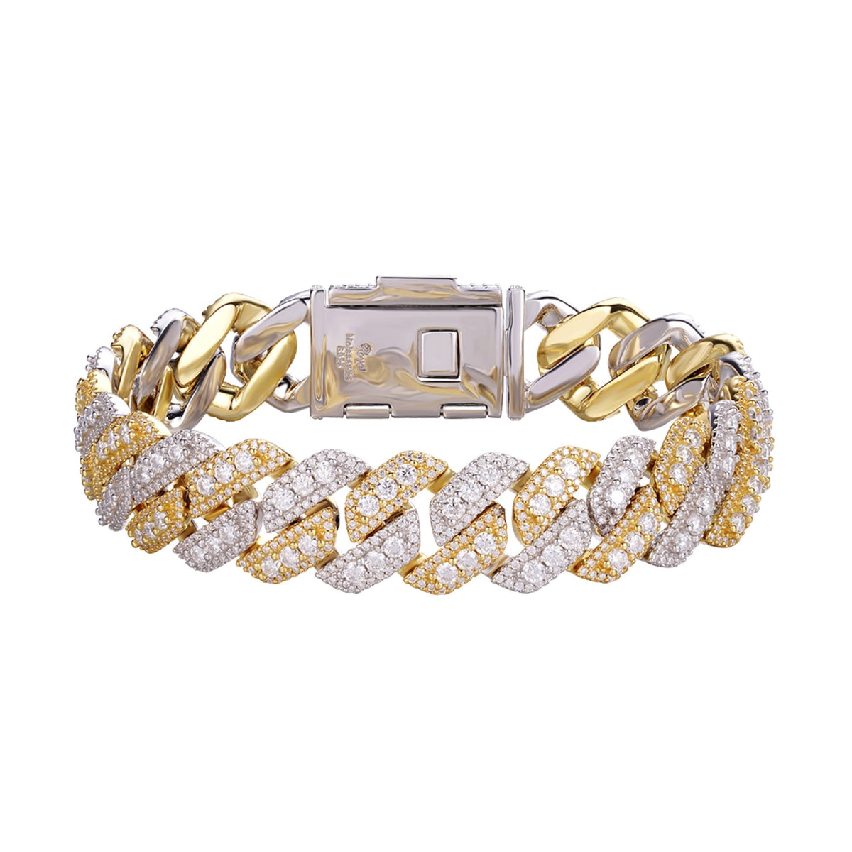 14MM Sterling Silver Round Big Stone in Center Moissanite Cuban Bracelet Two Tone Gold & Silver (Copy)