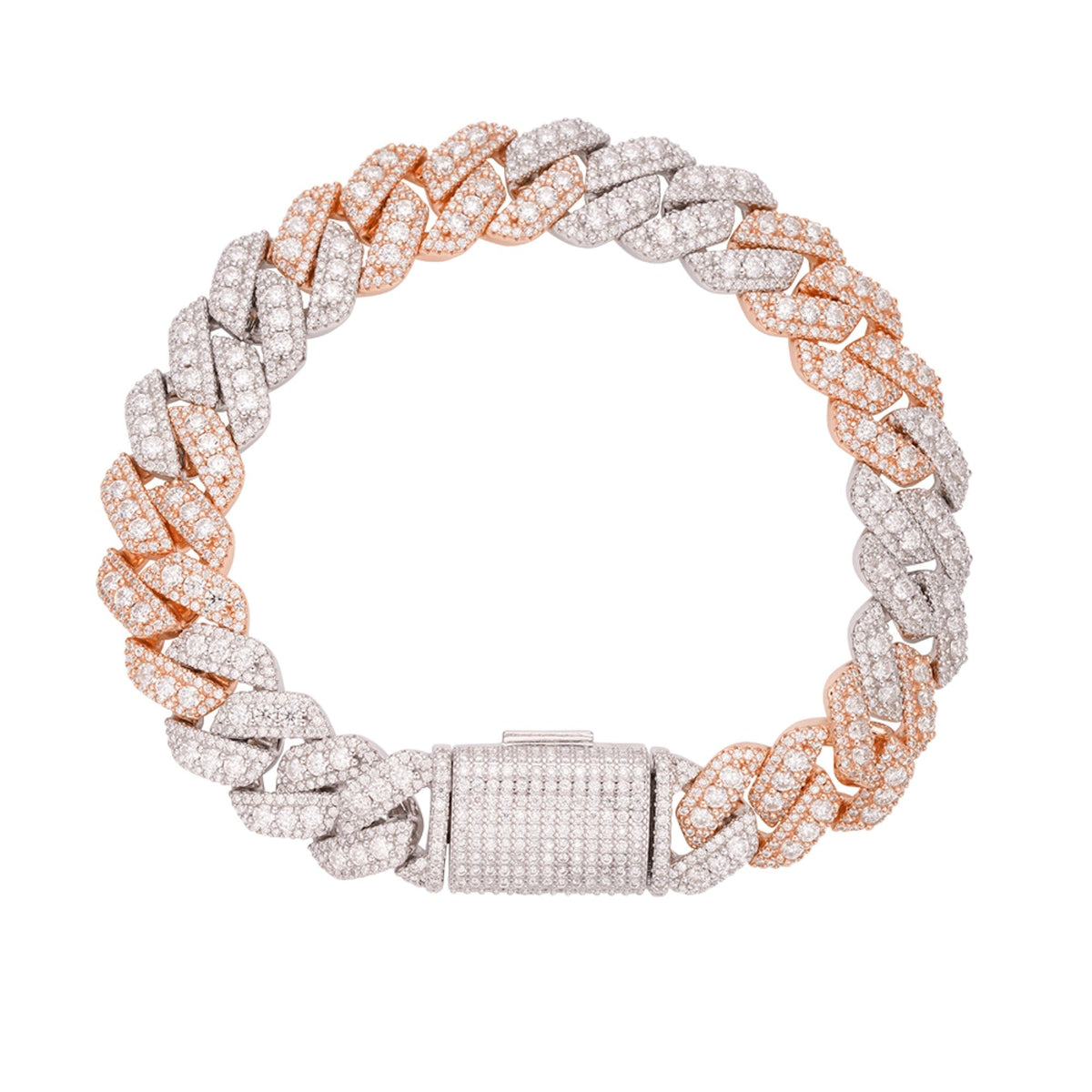 12MM Sterling Silver Round Big Stone in Center Moissanite Cuban Bracelet Two Tone Rose Gold & Silver