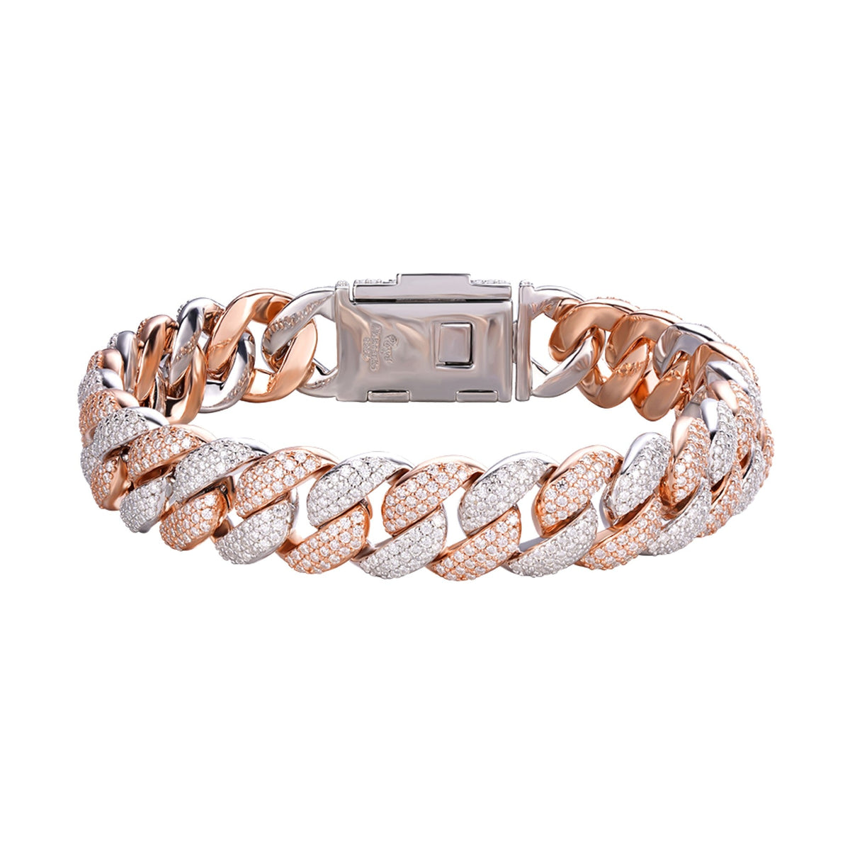 12 MM Sterling Silver Moissanite Miami Cuban Bracelet Two Tone Rose Gold & Silver