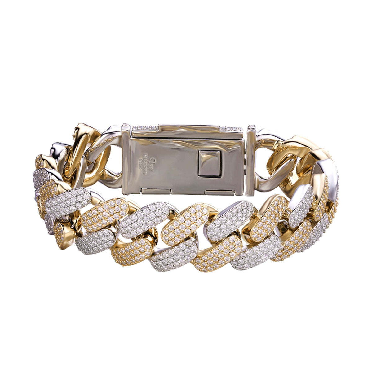 18MM Sterling Silver Moissanite Miami Cuban Bracelet Two Tone Gold & Silver