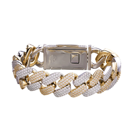 18MM Sterling Silver Moissanite Miami Cuban Bracelet Two Tone Gold & Silver